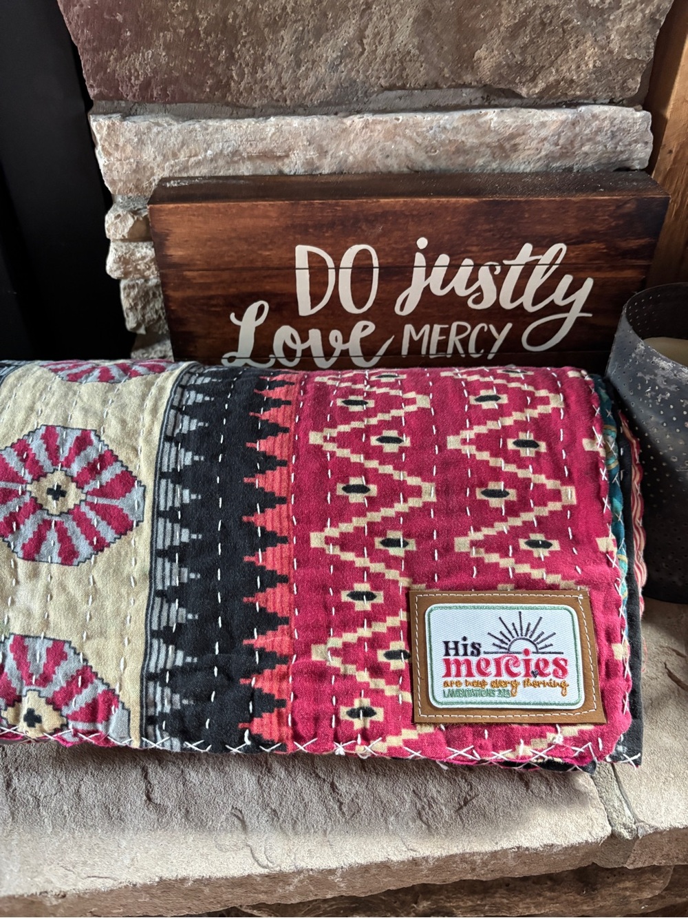 Handcrafted Patchwork Kantha Throw - Red, Black, Cream with Bible verse